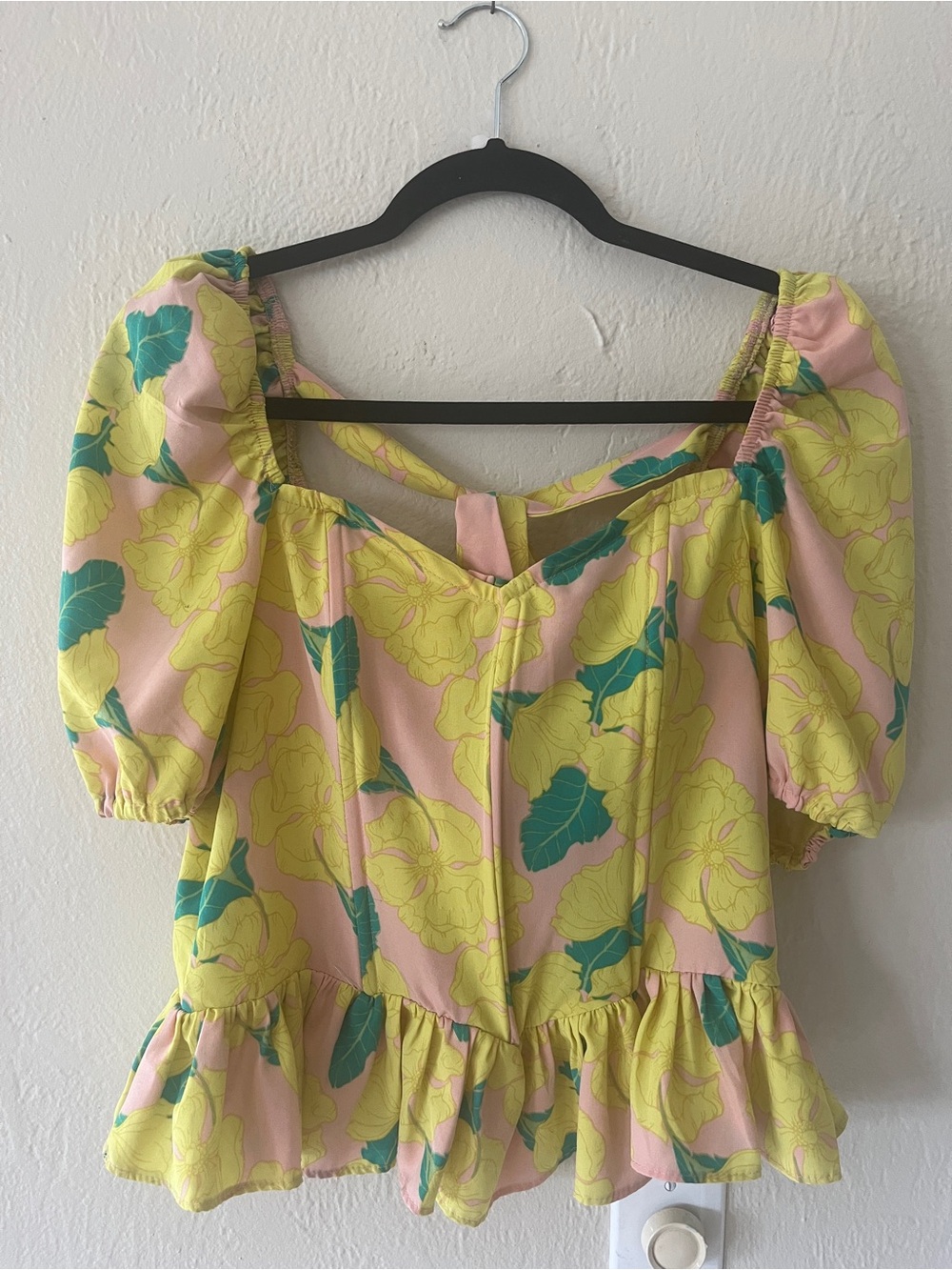 Wild Honey Pink Yellow Floral Puff-Sleeve Peplum Top